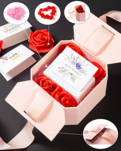 JSUPMKJ Money Pull Box for Cash Gift, Money Roll Gift Box with Flower and Ribbon, Money Gift Box Pull for Birthday/Christmas/Valentine's Day (Pink)