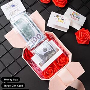 JSUPMKJ Money Pull Box for Cash Gift, Money Roll Gift Box with Flower and Ribbon, Money Gift Box Pull for Birthday/Christmas/Valentine's Day (Pink)