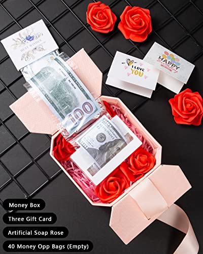 JSUPMKJ Money Pull Box for Cash Gift, Money Roll Gift Box with Flower and Ribbon, Money Gift Box Pull for Birthday/Christmas/Valentine's Day (Pink)