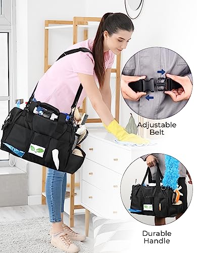 F40C4TMP Double Leaves Large Wearable Cleaning Caddy Bags for Housekeepers, Cleaning Supplies Organizer, Tools Tote with Handle for Housekeeping and Car Storage, Black