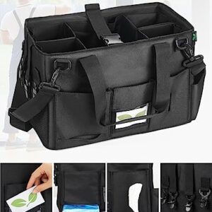 F40C4TMP Double Leaves Large Wearable Cleaning Caddy Bags for Housekeepers, Cleaning Supplies Organizer, Tools Tote with Handle for Housekeeping and Car Storage, Black