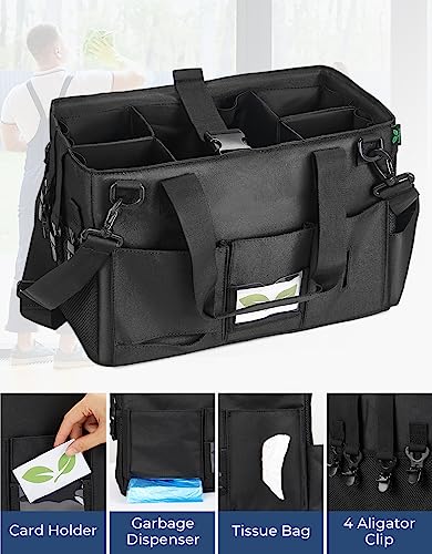 F40C4TMP Double Leaves Large Wearable Cleaning Caddy Bags for Housekeepers, Cleaning Supplies Organizer, Tools Tote with Handle for Housekeeping and Car Storage, Black