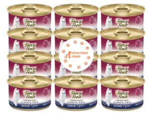 fancy feast high protein senior gravy wet cat food, chicken feast classic paté senior 7+ pack of 12 cans (3 oz.) with healthier paws sticker
