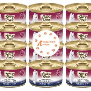 Fancy Feast High Protein Senior Gravy Wet Cat Food, Chicken Feast Classic Paté Senior 7+ Pack of 12 Cans (3 oz.) with Healthier Paws Sticker