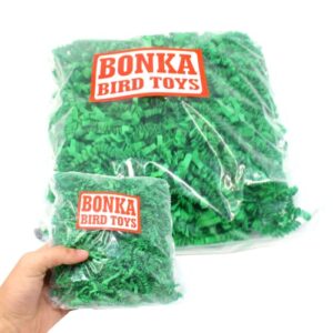 bonka bird toys colored crinkle shred paper chew forage nesting treat natural multi-use craft part projects cockatiels parakeets conures amazons and other similar birds (green)