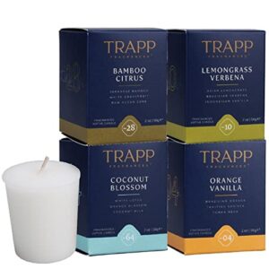 trapp 2oz votive scented candle, zen summer variety, set of 4 - with scents no. 4 orange vanilla, no. 10 lemongrass verbena, no. 64 coconut blossom, and no. 28 bamboo citrus