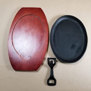 2 Large Cast Iron Sizzling Plates with Wooden Platters and Holders