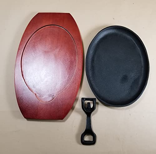 2 Large Cast Iron Sizzling Plates with Wooden Platters and Holders