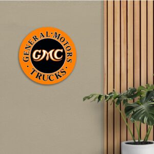 Desperate Enterprises GMC Trucks Round Aluminum Sign with Embossed Edge - Nostalgic Vintage Metal Wall Decor - Made in USA