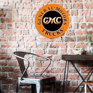 Desperate Enterprises GMC Trucks Round Aluminum Sign with Embossed Edge - Nostalgic Vintage Metal Wall Decor - Made in USA