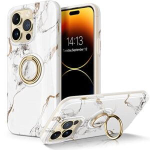 gviewin compatible with iphone 14 pro case 6.1 inch 2022, [built-in 360° rotatable ring stand] marble slim stylish durable hard shockproof phone holder kickstand cover(white/gold)