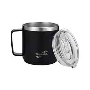 tekaala stainless steel coffee mug, dishwasher safe,14 oz double wall vacuum insulated, durable black ppg powder coating, travel thermal cup with lid and handle