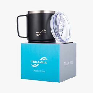 TEKAALA Stainless Steel Coffee Mug, Dishwasher safe,14 Oz Double Wall Vacuum Insulated, Durable Black PPG powder Coating, Travel Thermal Cup with lid and handle