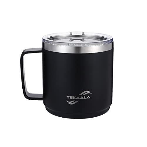 TEKAALA Stainless Steel Coffee Mug, Dishwasher safe,14 Oz Double Wall Vacuum Insulated, Durable Black PPG powder Coating, Travel Thermal Cup with lid and handle