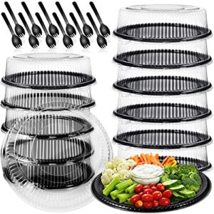 tessco 12 pack 16 inch heavy duty serving tray with clear lid and sporks, large plastic tray with elegant platter round black disposable for fruit sandwich party takeout food catering picnic