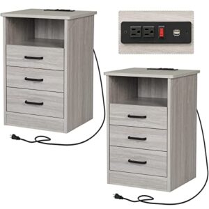 tiptiper nightstand set of 2 with charging station,grey night stands for bedroom,bedside table with drawers & usb ports, 13.8d x 15.8w x 23.6h in