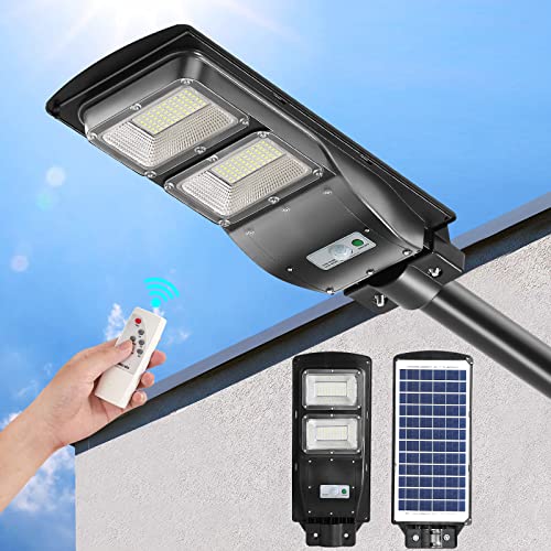 Wattake Solar Powered Street Light - 6000K LED Solar Street Lights 4000LM Dusk to Dawn - Outdoor Solar Flood Light with Radar Sensor, IP65 Waterproof, Wall or Pole Mount, 200W