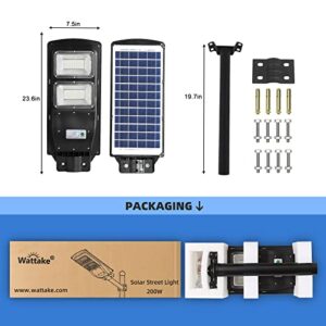 Wattake Solar Powered Street Light - 6000K LED Solar Street Lights 4000LM Dusk to Dawn - Outdoor Solar Flood Light with Radar Sensor, IP65 Waterproof, Wall or Pole Mount, 200W