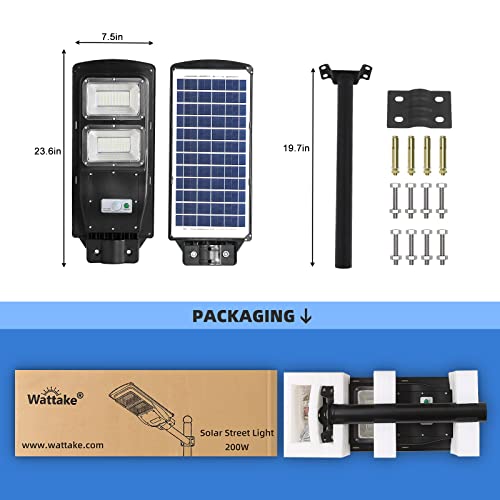 Wattake Solar Powered Street Light - 6000K LED Solar Street Lights 4000LM Dusk to Dawn - Outdoor Solar Flood Light with Radar Sensor, IP65 Waterproof, Wall or Pole Mount, 200W