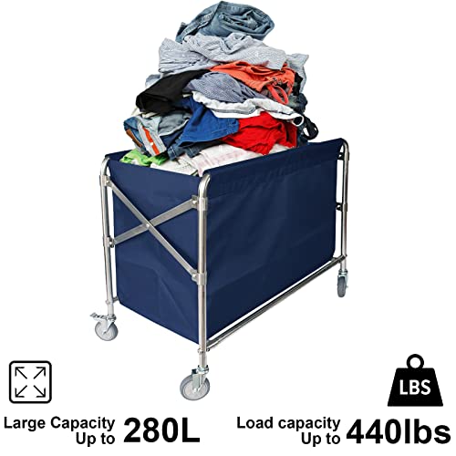 Laundry Cart With Wheels 34.25”L x 20.47”W x 30.7”H, Commercial Laundry Cart 440lbs Load Capacity, Stainless Steel Frame Waterproof Oxford Bag Foldable Industrial Laundry Hamper For Industrial/home
