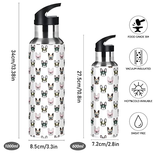 French Bulldog Dog Animals Insulated Water Bottle with Straw, Stainless Steel BPA Free Water Flask Gym Sport, 20 oz Hot Cold