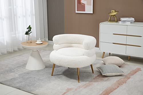 ZOBIDO Modern Accent Lambhair Chairs Comfy Upholstered Vanity Chairs for Bedroom Armchair Dining Chairs with Golden Metal Legs Desk Chair Single Person sofafor Living Room(White)