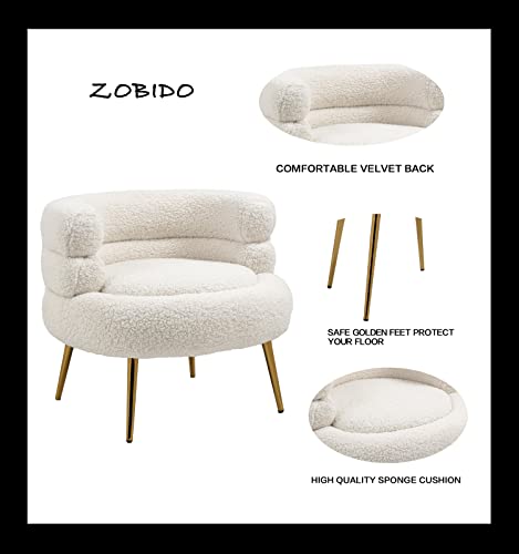 ZOBIDO Modern Accent Lambhair Chairs Comfy Upholstered Vanity Chairs for Bedroom Armchair Dining Chairs with Golden Metal Legs Desk Chair Single Person sofafor Living Room(White)