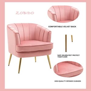 ZOBIDO Modern Accent Velvet Chairs Comfy Upholstered Vanity Chairs for Bedroom Armchair Dining Chairs with Golden Metal Legs Desk Chair Single Person sofafor Living Room(Peach Pink)