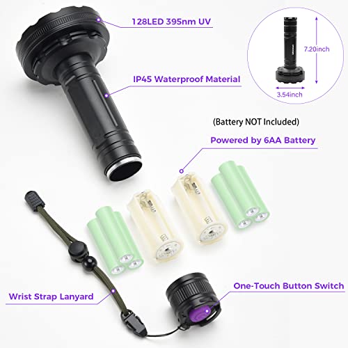 BRIONAC UV Flashlight Black Light, Super Bright 128 LEDs 395nm Pet Urine Detector Light for Dog Cat, Ultraviolet Flashlight for Scorpions Hunting, Dry Stains (6AA Battery Not Included)