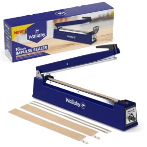 wallaby impulse sealer - 16 inch - manual heat sealer machine for mylar bags - heavy duty for strong, secure sealing for long term food storage - two fuse & strip replacement kits included (blue)