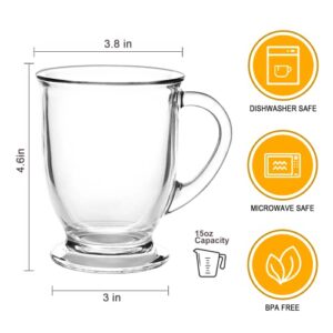 Ufrount 15 OZ Glass Mugs with Lids,Clear Glass Coffee Mugs with Handle,Classic Coffee Cups with Lids and Spoons,Latte Mugs Cappuccino Tea Mugs for Breakfast,Cereal, Milk,6 Pack