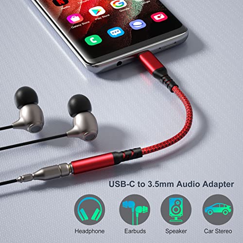 USB Type C to 3.5mm Headphone Jack Adapter, Besgoods[2-Pack] USB C to Aux Audio Dongle Cable Cord Compatible with Samsung Galaxy S22 Ultra S21 S20 Note 20 10 S10 S9 Plus,Pixel 4 3, Pad Pro -Black,Red