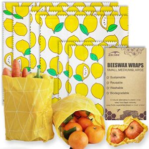 beeswax reusable food wraps - (6 packs, 3 sizes s,m,l, with 2 meter hemp rope, two buttons) plastic and silicone free, eco-friendly wrap, wax paper for food,yellow lemon