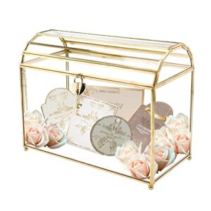 highfree glass wedding card box with slot & lock, handmade copper geometric terrarium, clear display box for wedding reception, wishwell, keepsake gold (12.2inch)