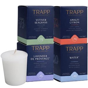 trapp signature home collection coastal sunrise set 2oz votive scented candle, set of 4, includes - no. 72 amalfi citron, no. 73 vetiver seagrass, no. 25 lavender de provence, and no. 20 water