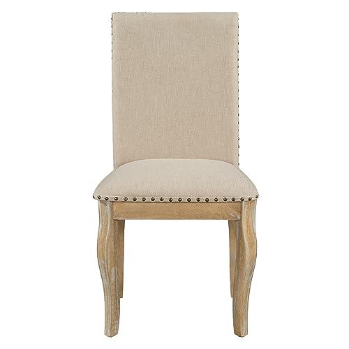 Merax Set of 4 Upholstered Fabric Dining Chairs with Nailhead Trim and Solid Wood Legs, Wood Upholstered Dining Room Chairs for Dining Room, Living Room, Bedroom (Natural Wood Wash)