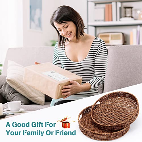 Set of 2 Rattan Serving Tray Round Rattan Basket Trays with Handles for Breakfast, Large Woven Decorative Tray for Coffee Table, Kitchen, Bathroom (12.6in + 13.8in)