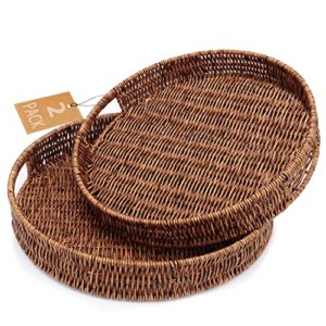 set of 2 rattan serving tray round rattan basket trays with handles for breakfast, large woven decorative tray for coffee table, kitchen, bathroom (12.6in + 13.8in)