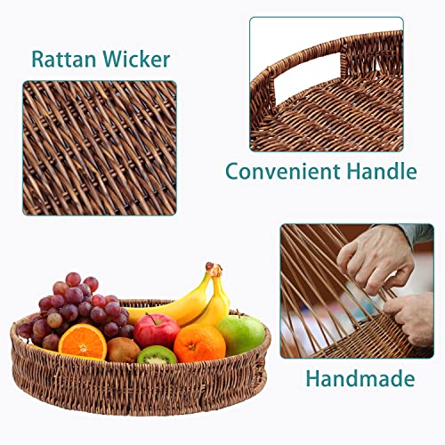 Set of 2 Rattan Serving Tray Round Rattan Basket Trays with Handles for Breakfast, Large Woven Decorative Tray for Coffee Table, Kitchen, Bathroom (12.6in + 13.8in)