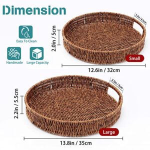 Set of 2 Rattan Serving Tray Round Rattan Basket Trays with Handles for Breakfast, Large Woven Decorative Tray for Coffee Table, Kitchen, Bathroom (12.6in + 13.8in)