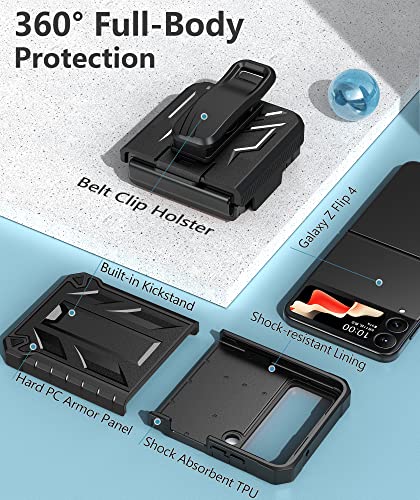 for Samsung Galaxy Z-Flip4 5G Case: Military Grade Protection Shockproof Cell Phone Case with Kickstand & Holster | Protective Drop Proof Rugged Cover for Galaxy Z Flip 4