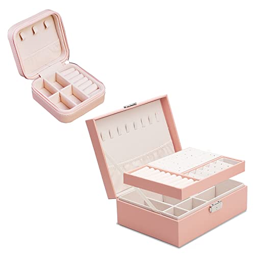 onlyamazing Pink Jewelry Storage Box Portable Travel Mini Jewelry Box Leather Jewelry Ring Organizer Case