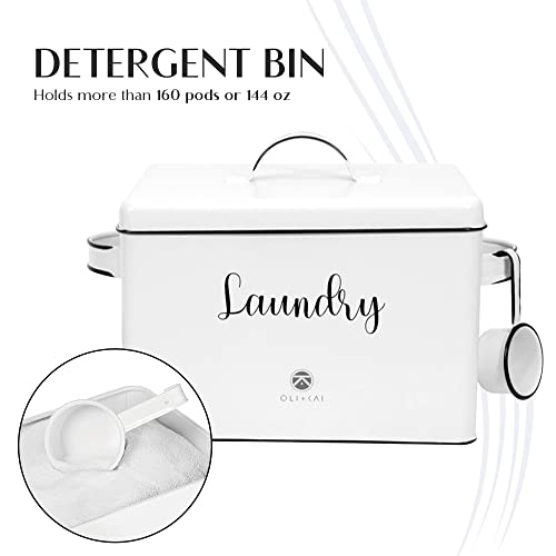 OliKai Laundry Room Organization and Storage Bin 3 Pack Set: Metal Farmhouse Storage Bin Laundry Pods Container Magnetic Lint bin Trash Can and Dryer sheet Dispenser Decorative Storage Organizers with Handle Lids