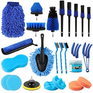 25pcs car detailing brush kit, cleaning detail brushes set with car dash duster brush, car cleaning supplies interior exterior brushes kit (wash mitt, towels, polishing pads, cleaning gel and sponge)