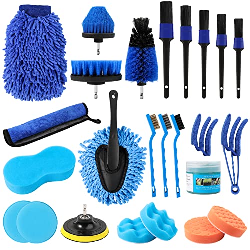 25PCS Car Detailing Brush Kit, Cleaning Detail Brushes Set with Car Dash Duster Brush, Car Cleaning Supplies Interior Exterior Brushes Kit (Wash Mitt, Towels, Polishing Pads, Cleaning Gel and Sponge)