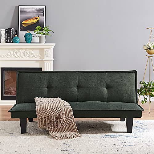 Majnesvon Modern Linen Fabric Sofa Bed Futon,Convertible Foldable Sleeper Sofa Bed with 3 Angles Adjustable Back,Wooden Frame & Legs for Small Living Space,Dorm Office Apartment (Dark Grey)