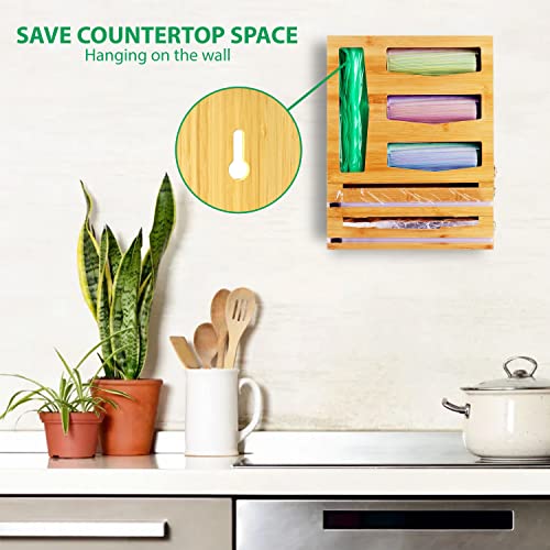 : Ziplock Bag Organizer Storage Cabinet - Foil and Plastic Wrap Organizer with Cutter for Kitchen Organization - Bamboo 6-in-1 Plastic Wrap Dispenser Suitable for, Foil, Gallon, Quart, Sandwich Bags