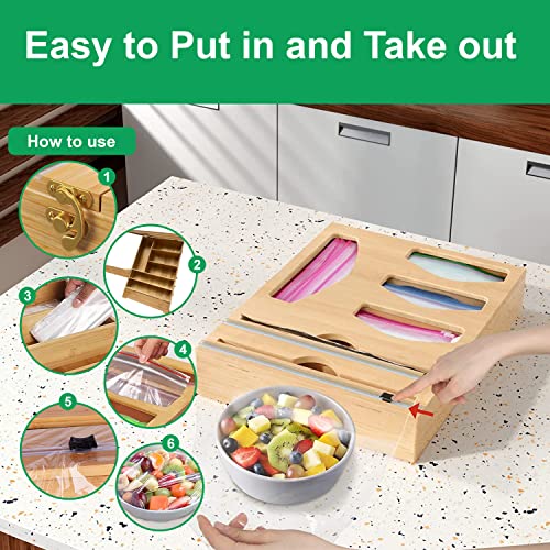 : Ziplock Bag Organizer Storage Cabinet - Foil and Plastic Wrap Organizer with Cutter for Kitchen Organization - Bamboo 6-in-1 Plastic Wrap Dispenser Suitable for, Foil, Gallon, Quart, Sandwich Bags