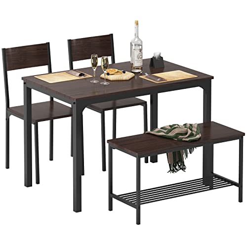 sogesfurniture 4 Piece Dining Table Set, Dining Room Set, Kitchen Dinner Table with Benches for 4, Includes Table, 2 Chairs & Bench, Brown