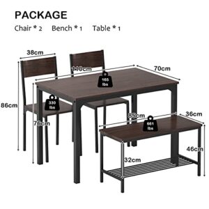 sogesfurniture 4 Piece Dining Table Set, Dining Room Set, Kitchen Dinner Table with Benches for 4, Includes Table, 2 Chairs & Bench, Brown